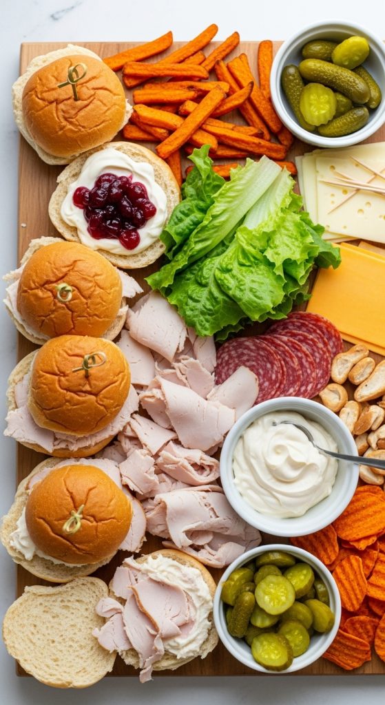 Turkey sliders with bread buns, sliced turkey, dips and vegetables on a charcuterie board using leftover turkey