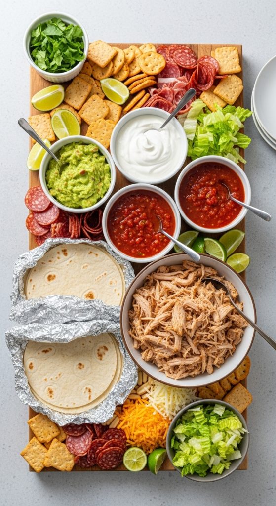 Tasty Thanksgiving Turkey Board made with tacos, salsa dips, shredded turkey and veggies