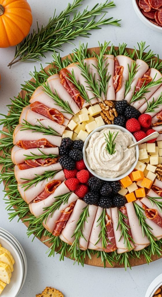 Turkey slice wreath with turkey slices, greenery, berries and dipping sauce on a charcuterie board