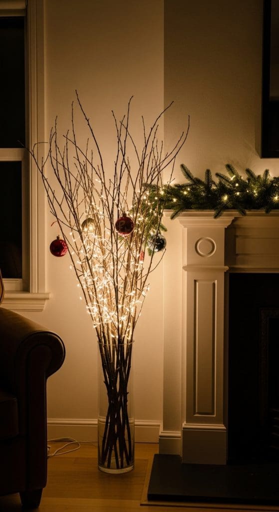 twigs in vase with twinkling lights and Christmas ornaments for an Affordable Mantle Christmas Decor