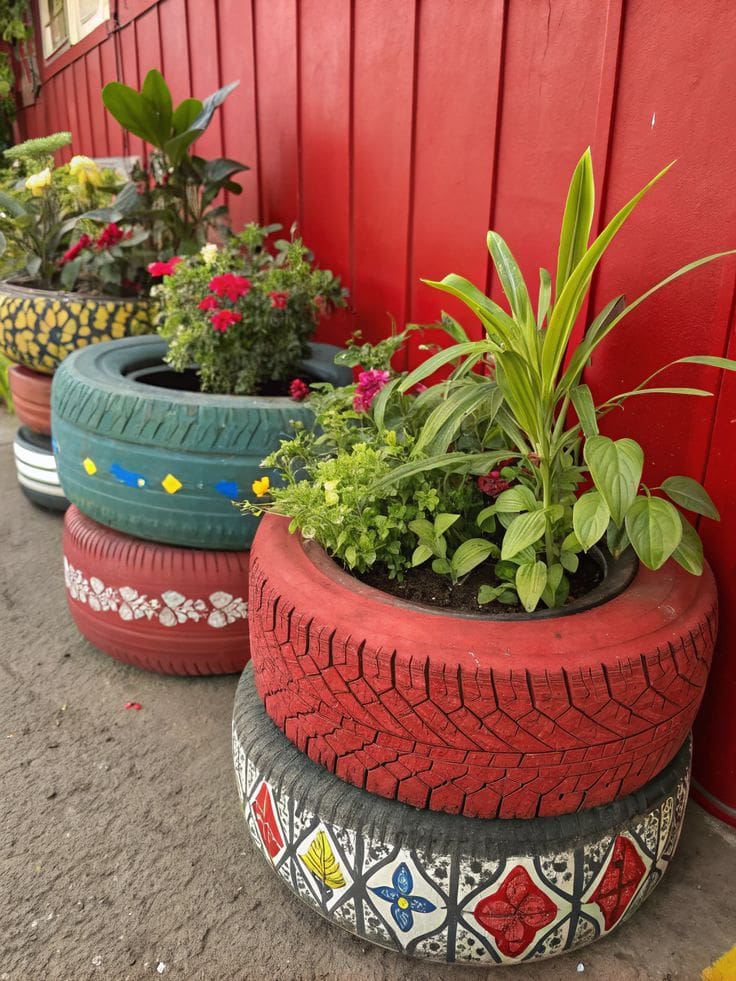 Old car tyres painted and used as repurposed planters