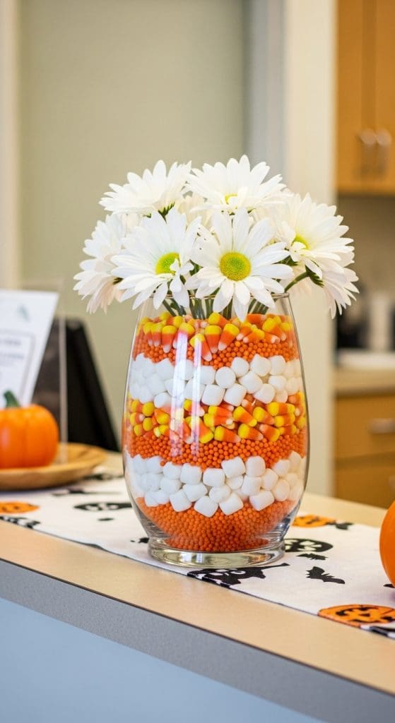 Elegant Doctors Office Halloween Decor with white daises full of candy corn