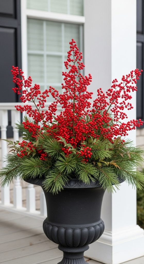 Nandina Berries and Pine Mix on the front porch for winter flower idea