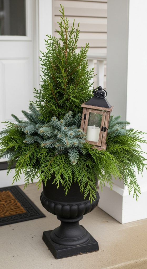 Conifer mix in a winter planter with a wooden lantern and LED candle