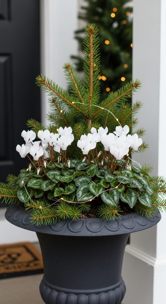 Winter urn planter with pine clippings and white cyclamen flowers on a front porch