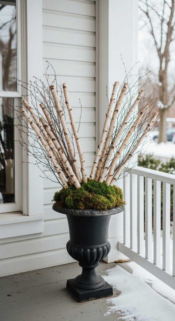 Fanned birch wood in a tall slim winter urn planter