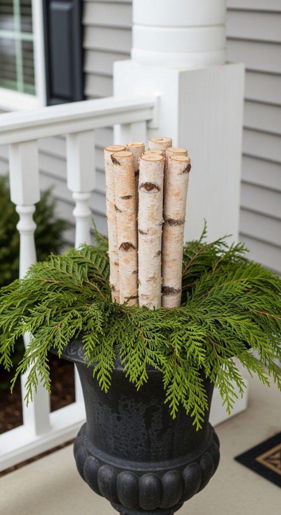Winter urn ideas with birch branches in a urn planter on front porch with cedar branches