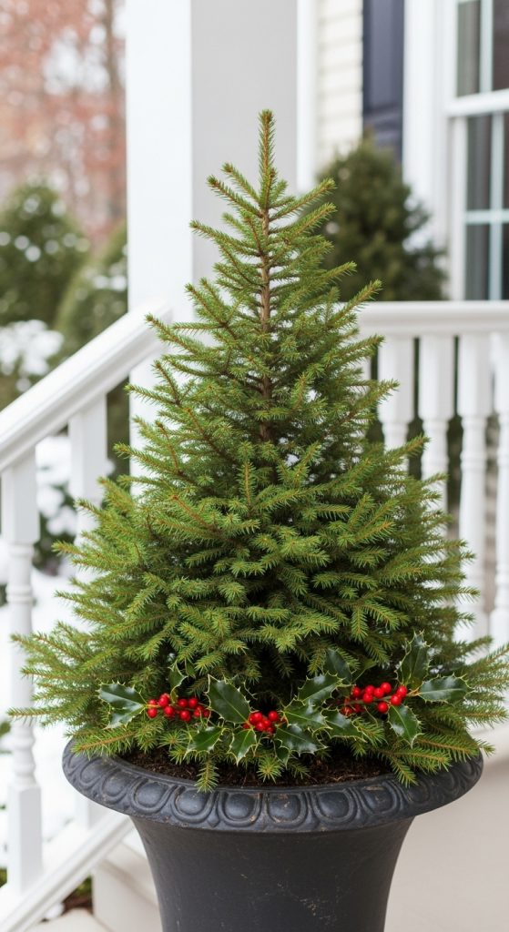 Dwarf Alberta Spruce with Holly Berries coming from a black plastic planter on the front steps of a house