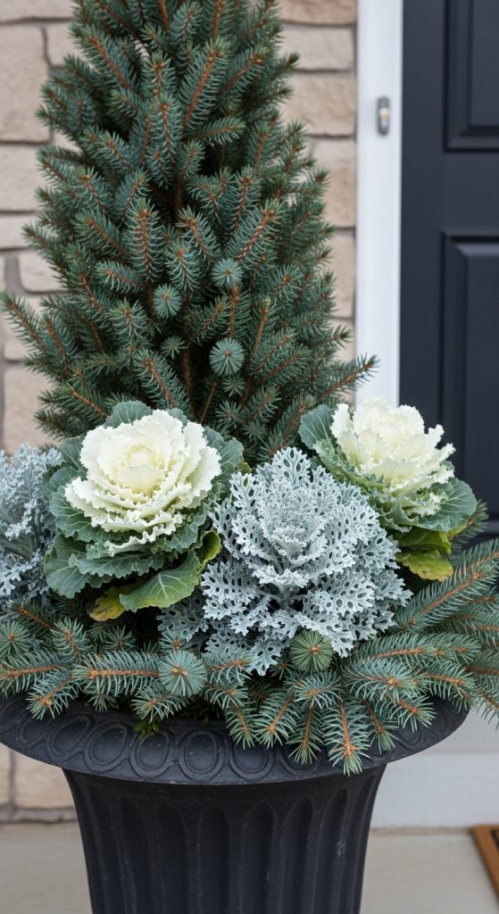 Silver winter kale in a Winter urn planter with blue spruce in a black planter on front porch