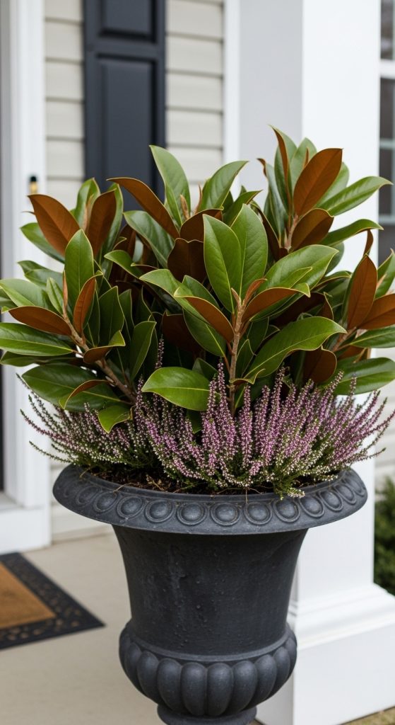 Magnolia leaves and winter heather in a black planter on the front porch for winter planter ideas
