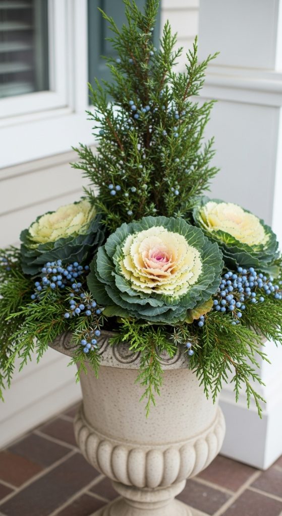 Juniper sprays and ornamental cabbage in a concrete planter for winter