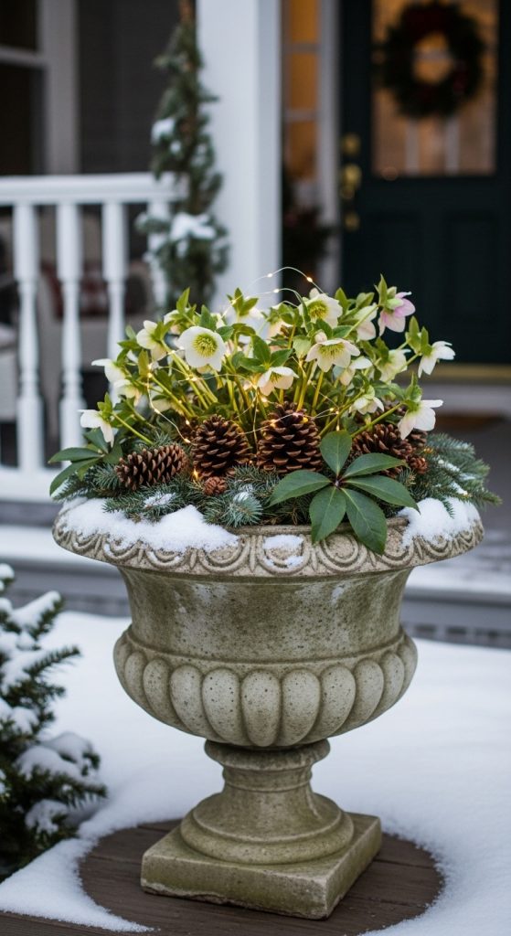 Hellebores with Pinecones and White Lights in a concrete planter in the snow in winter