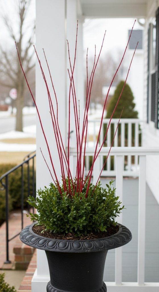 Red twig boxwood and dogwood in a winter urn planter on the front porch