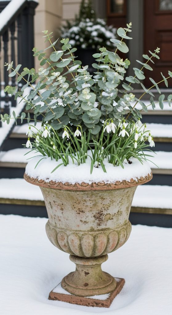 Snowdrops and eucalyptus plants in the snow in a winter urn planter