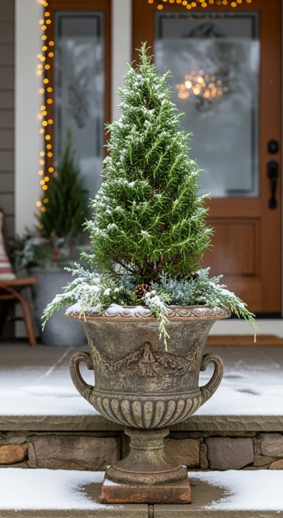 Rosemary tree in a concrete planter on front porch in winter