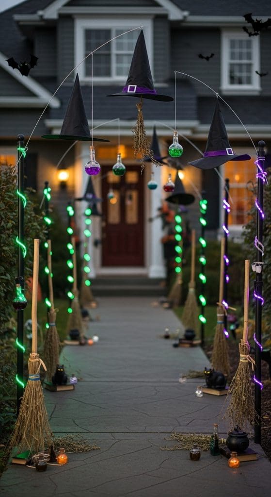 witches hats hanging from wire with LED poles leading to front of house for halloween 