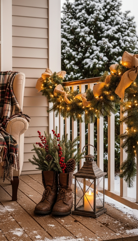 brown leather boots with evergreen sprigs and berries on front porch Rustic Front Porch Decor For Christmas