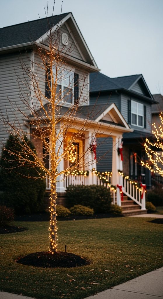 tree in front yard decorated with fairy lights