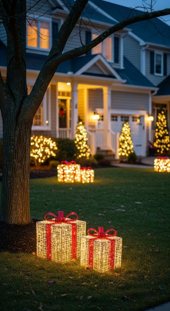 Light up presents in front yard of a house Budget Christmas Outdoor Yard Decoration