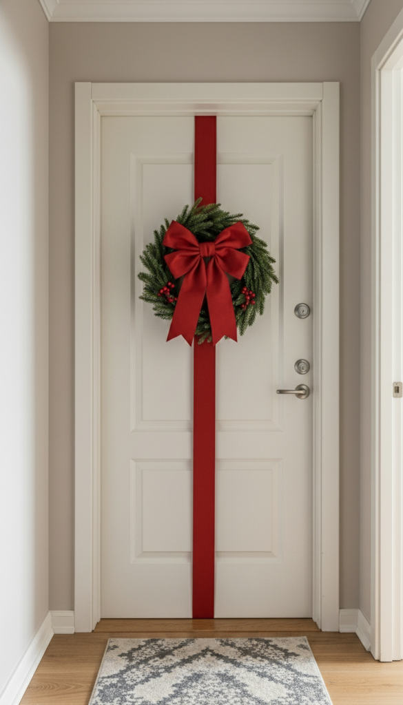 Apartment Front Door Christmas Decorations of a bow and wreath combo on a white apartment door
