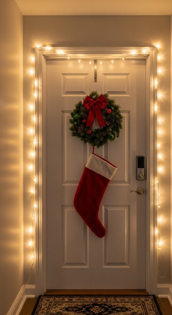 Simple fairy lights hung around the doorway of an apartment for Christmas