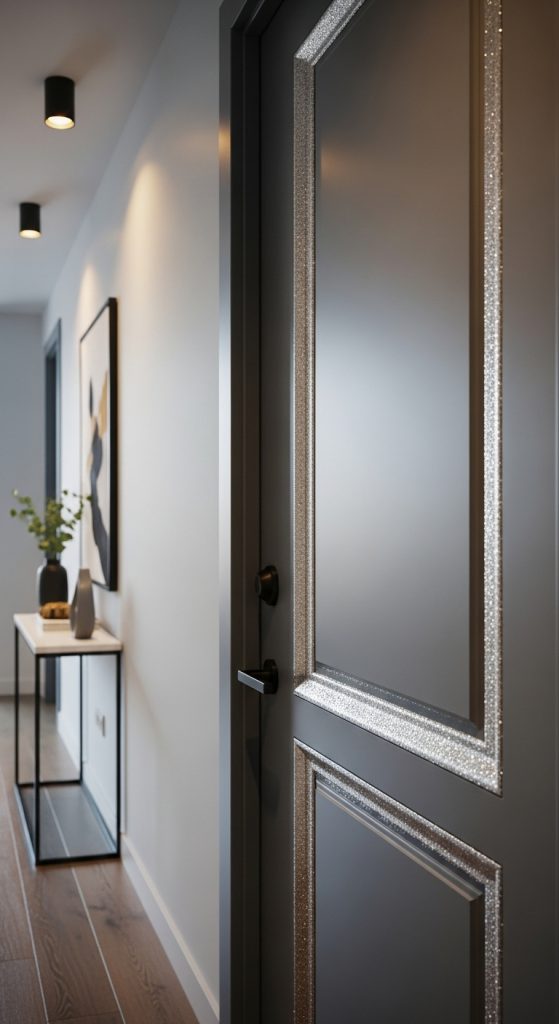 silver glitter tape used as Apartment Front Door Christmas Decorations