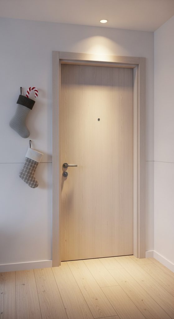 Minimalist Apartment Front Door Christmas Decorations of stockings hung vertically next to the door