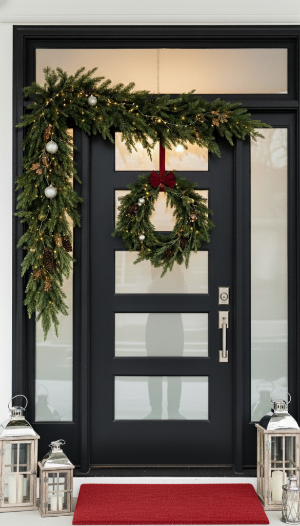 Asymmetric garland hanging above a modern front door for christmas