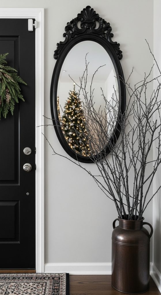 bare branches in a copper vase in entryway for christmas