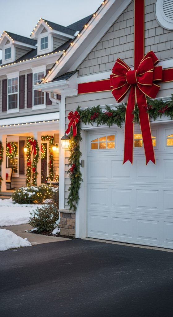 Large oversized bows and garland on a white garage door for christmas Garage Door Decorations for Christmas