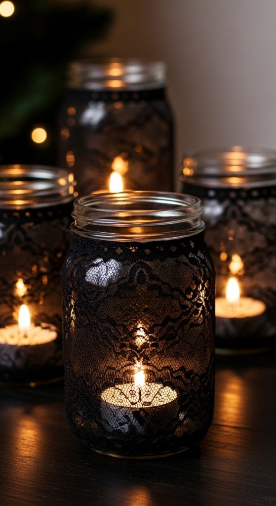 Mason jars wrapped in black lace with candles for Christmas