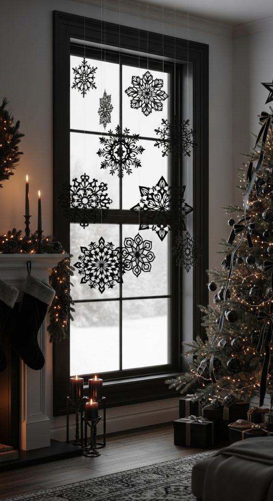 Paper snowflakes painted black hanging in front of a window in a Gothic Christmas style living room