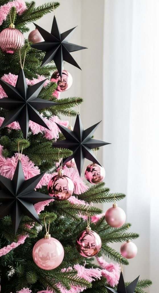 Paper star ornaments cut and placed on a pink and black tree