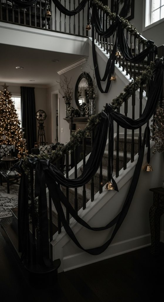 Victorian Gothic Decoration Ideas for Christmas Black ribbon leading up the banister of the stairs 