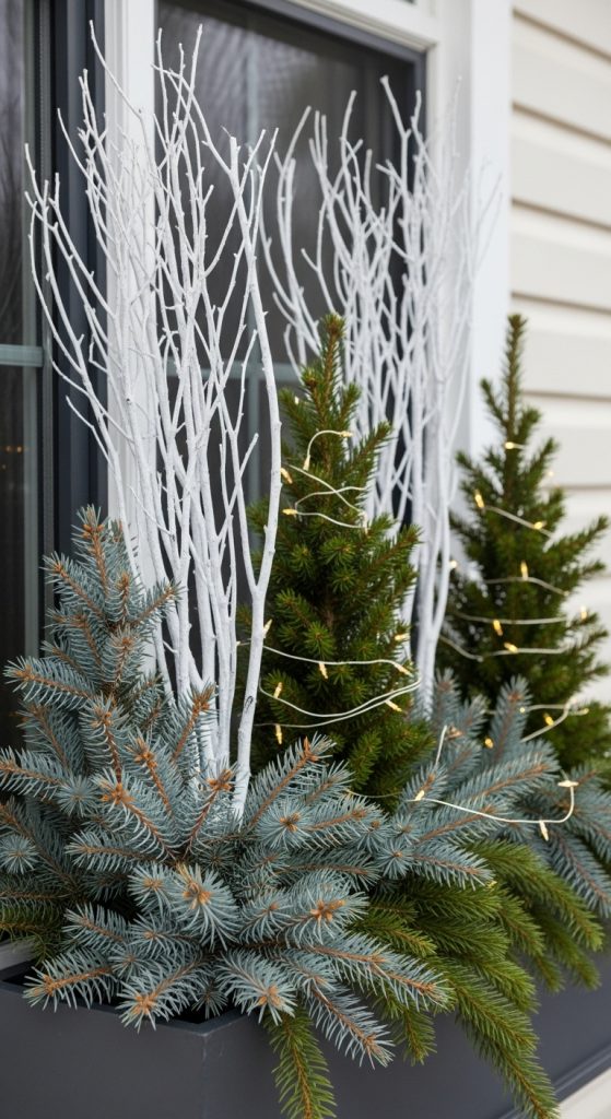 white branches with evergreen and two small christmas trees Winter Planter Box