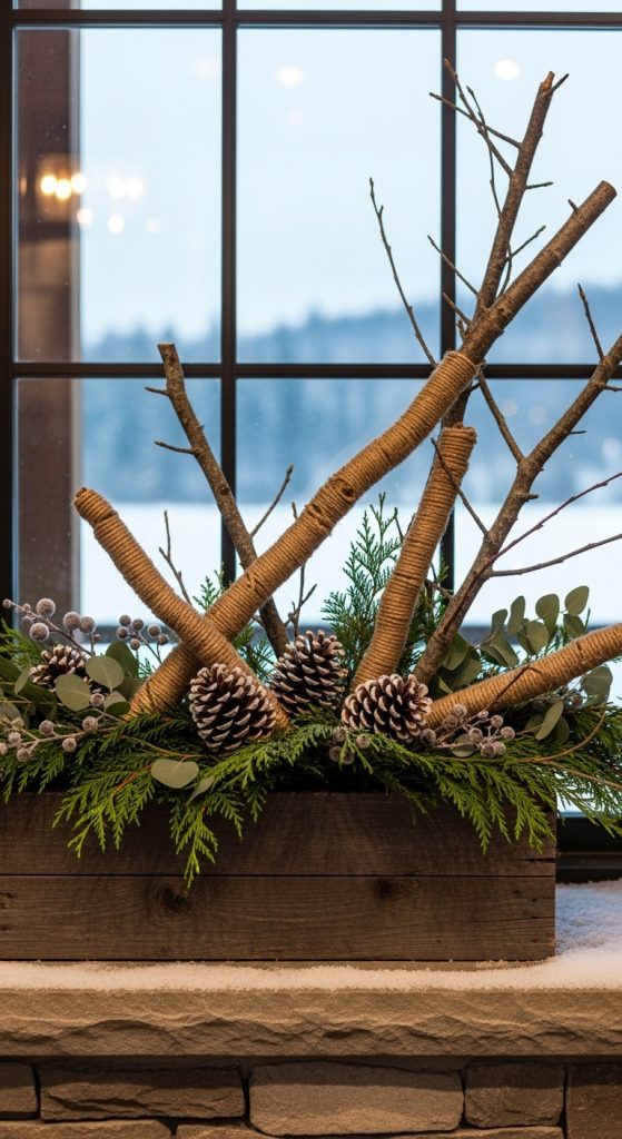 branches at different angles with pinecones, evergreens and jute twine wrap 