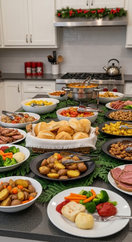 Bread rolls in the center of a kitchen island Christmas Buffet On A Kitchen Island ideas