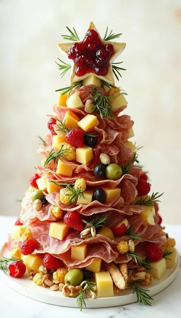 Cheese, meat and olives on a 3D shaped grazing board for christmas