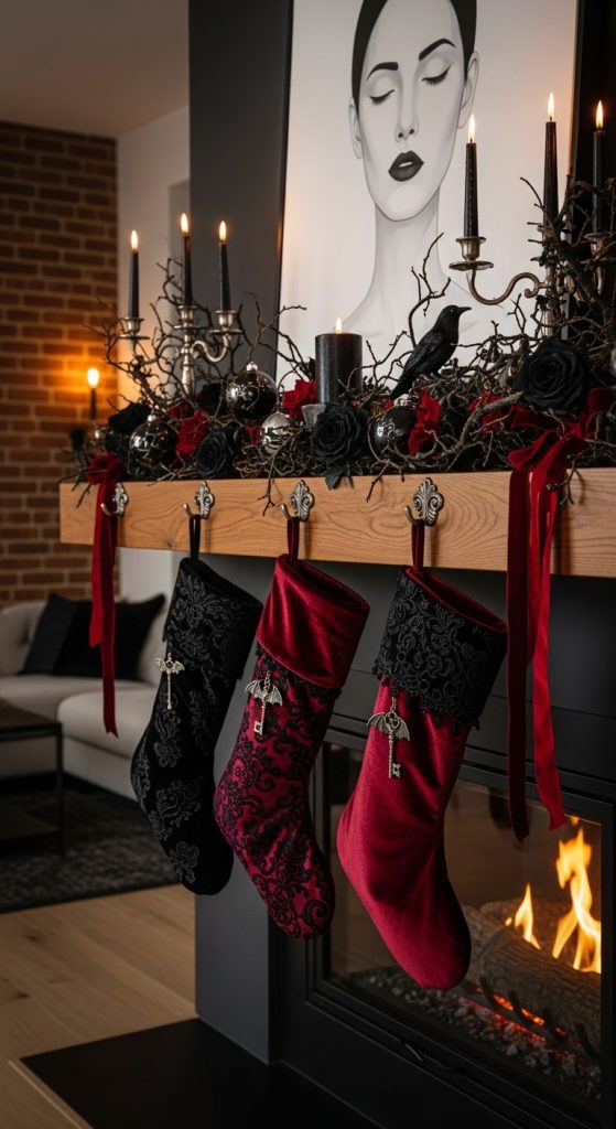 Burgandy stockings hanging from wooden mantle for Christmas