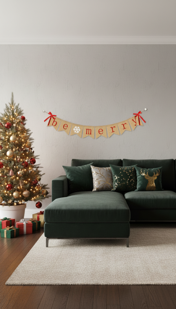 burlap banner hanging on the wall behind the couch for christmas