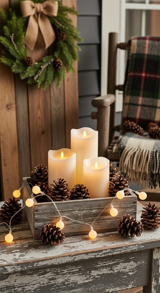 crate box with LED candles and fairy lights on front porch for christmas