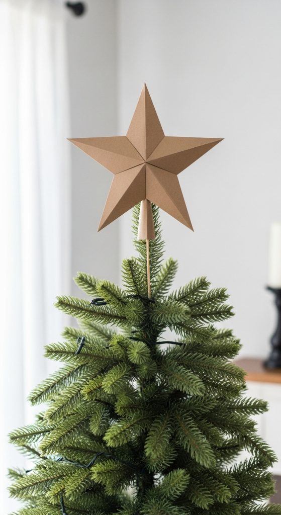 cardboard star topper on a Farmhouse Christmas Tree Decor