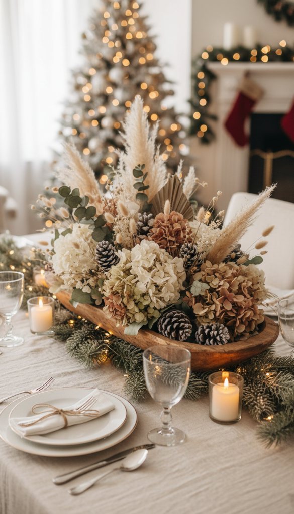 Christmas Dough Bowl Centerpiece of dried flowers and pinecones