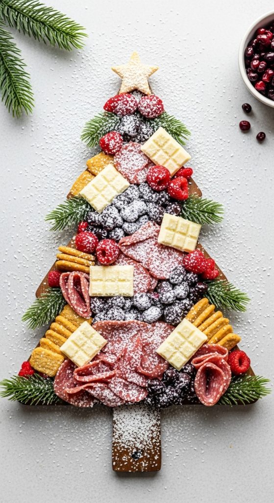 coconut dusted Christmas Tree Charcuterie Board with cheese, meats and fruit