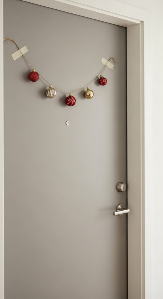 Simple Apartment Front Door Christmas Decorations of baubles tied to twine and taped to door