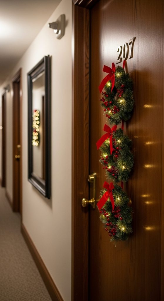 Mini wreaths hung vertically on an apartment door for Christmas