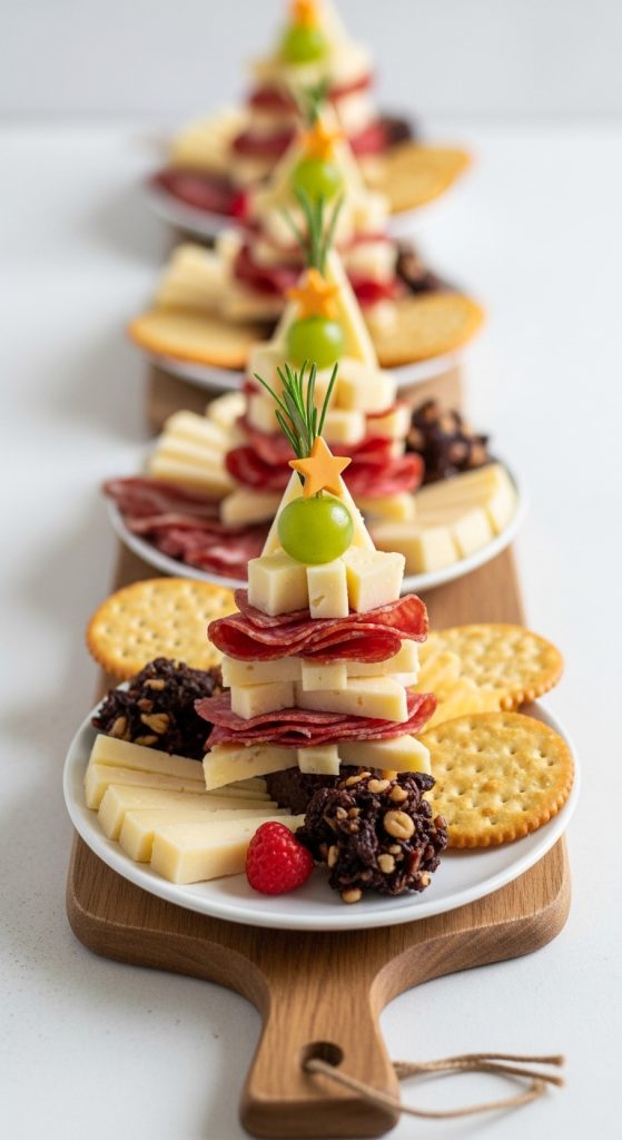 mini tree shaped cheeses on a long wooden charcuterie board