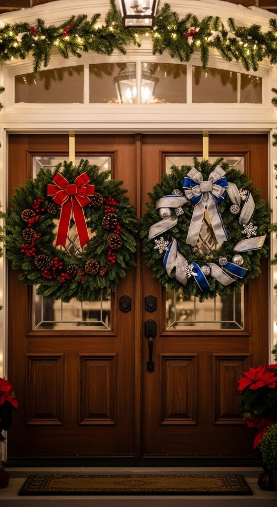 mismatched wreaths on double doors for christmas double door decor