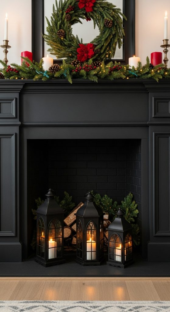 three black lanterns sitting in front of a fireplace for christmas