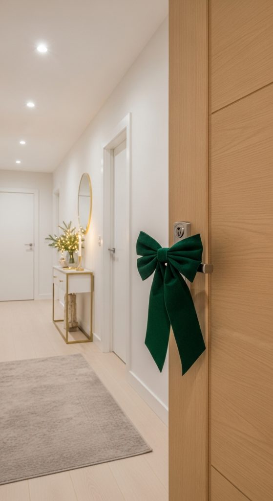 Green velvet bow tied to the door handle of an apartment door